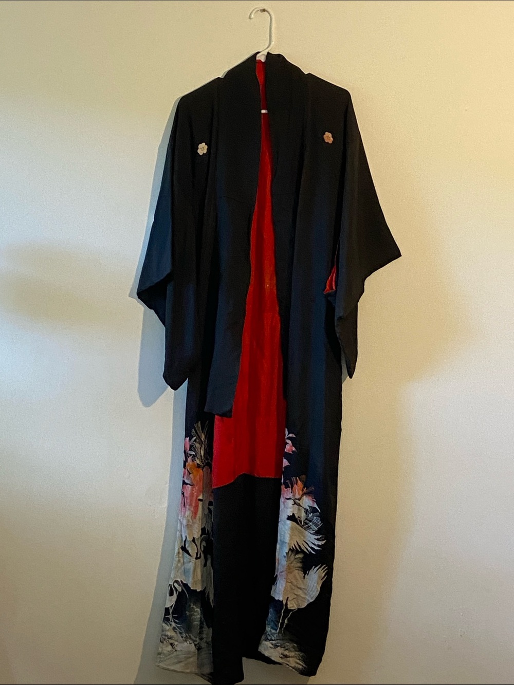 Black silk vintage Kimono Robe with Red Lining and Crane Detail